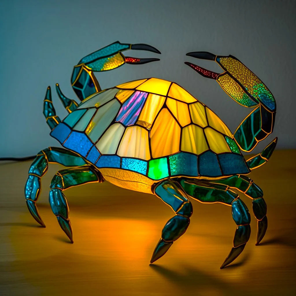Fitlybuy stained glass crab lamp with glowing yellow and blue geometric panels on a wooden surface.