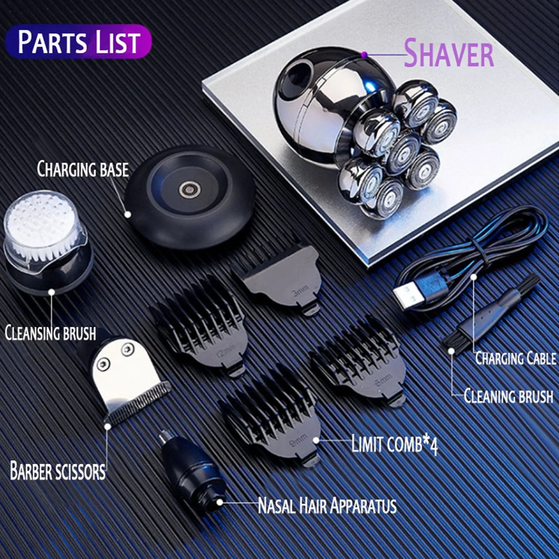 Fitlybuy FlexiShave Pro 7D razor set with shaver, charging base, attachments, combs, and cables on a black background.