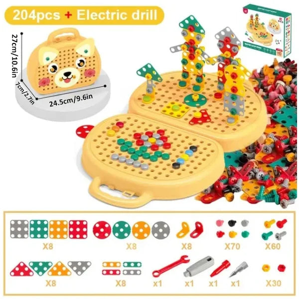 Fitlybuy WonderBuild 204pc Montessori STEM toy set with colorful plastic building blocks, electric drill, and case.