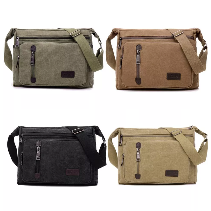 Four Fitlybuy TravelPro canvas shoulder bags in olive, brown, black, and khaki with zippered pockets and adjustable straps.