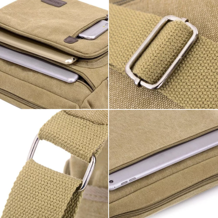 Tan Fitlybuy TravelPro canvas shoulder bag with metallic hardware, multiple zippered pockets, and device storage.