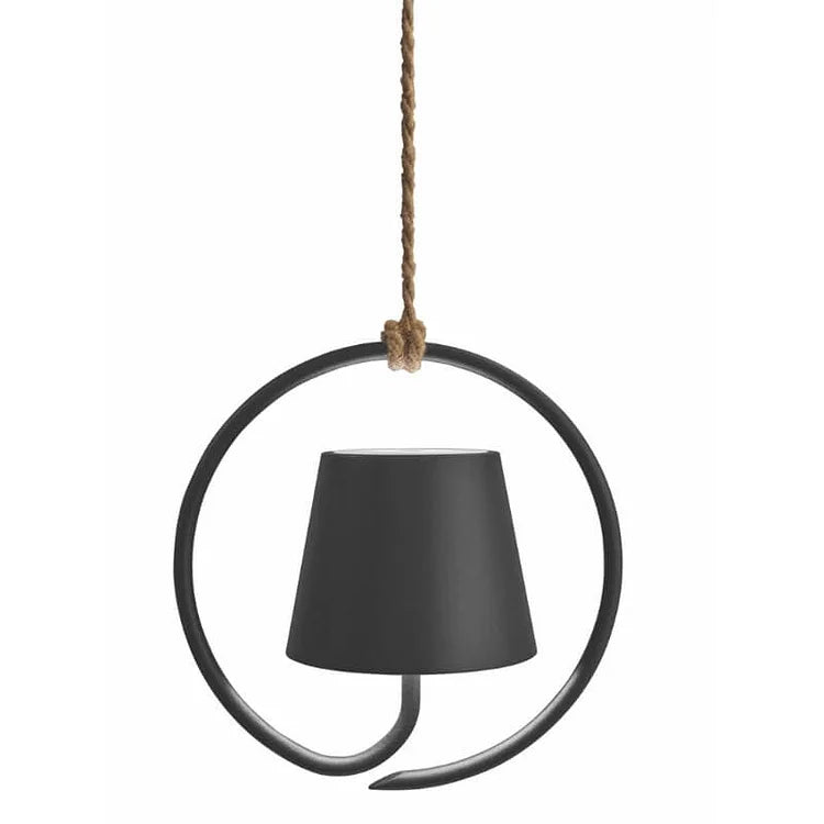 Fitlybuy LumiCord wireless black LED hanging lamp with a sleek circular frame, suspended by a textured rope cord.