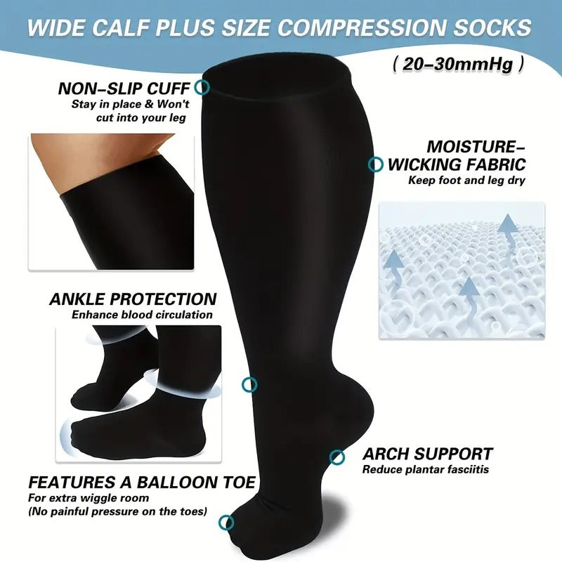 Fitlybuy black wide-calf compression socks featuring non-slip cuffs, moisture-wicking fabric, and balloon toe design.