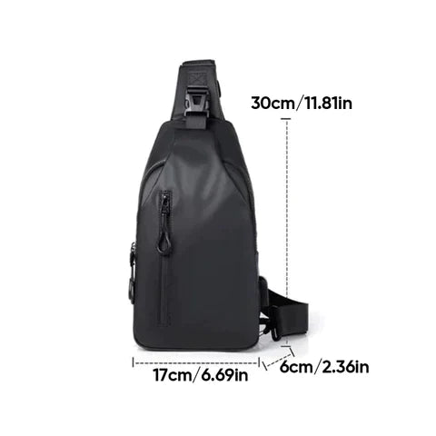 Black Fitlybuy waterproof anti-theft crossbody bag with dimensions 30x17x6cm shown against a plain white background.