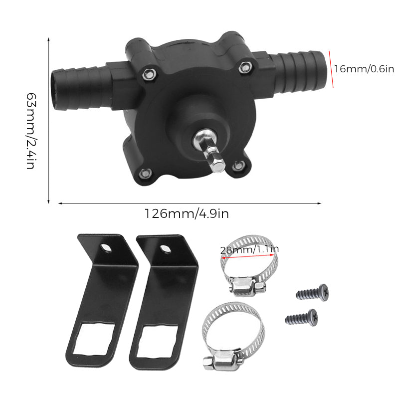 Black Fitlybuy self-priming transfer pump with dimensions, two mounting brackets, hose clamps, and screws.