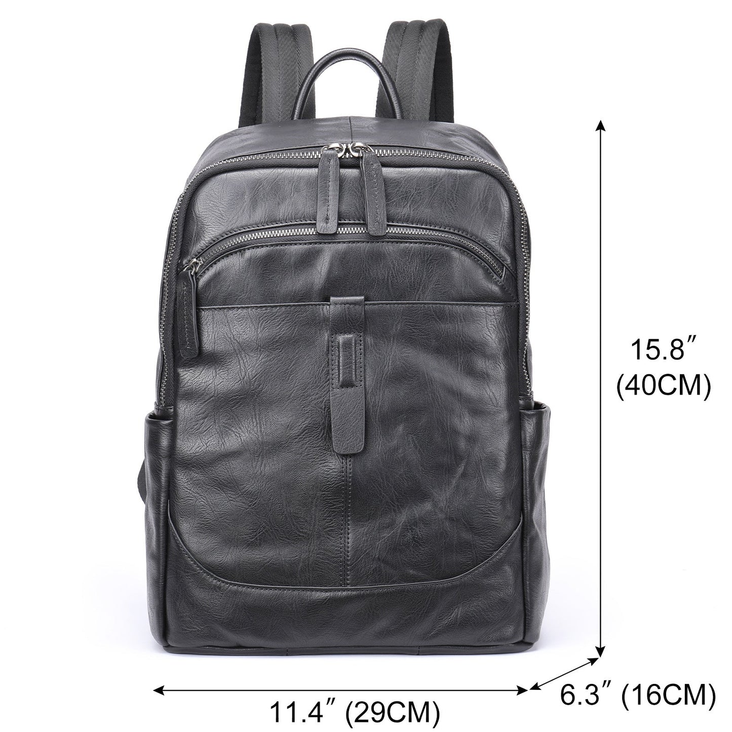 Black leather Fitlybuy Prestige Voyager laptop backpack with zip pockets and 15.8-inch height dimensions shown.