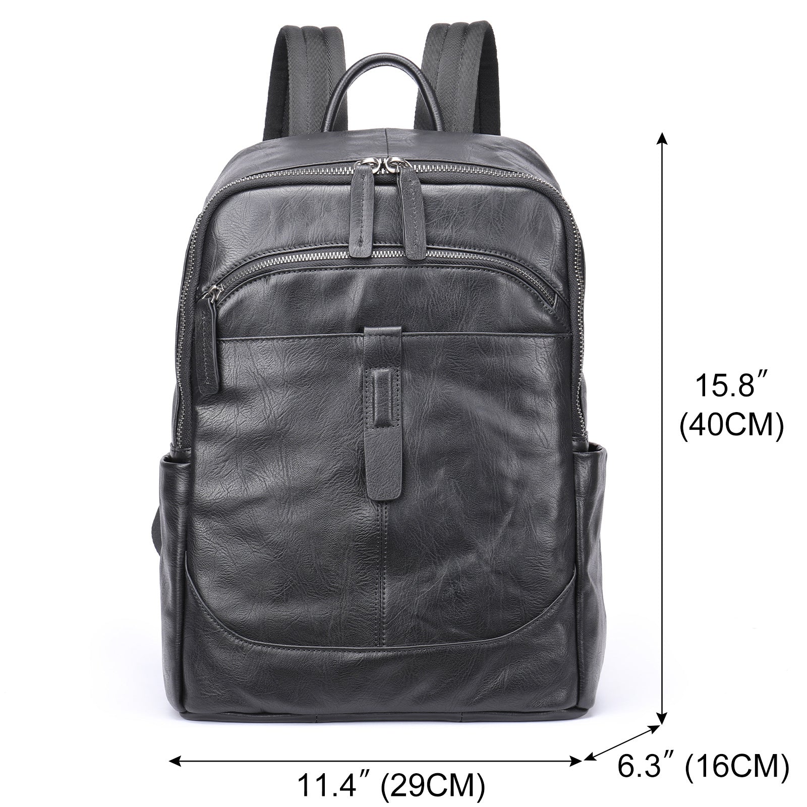 Black leather Fitlybuy Prestige Voyager laptop backpack with zip pockets and 15.8-inch height dimensions shown.