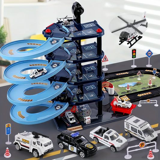 Fitlybuy multi-level navy fire station playset with spiral ramps, toy police vehicles, helicopter, and traffic signs.
