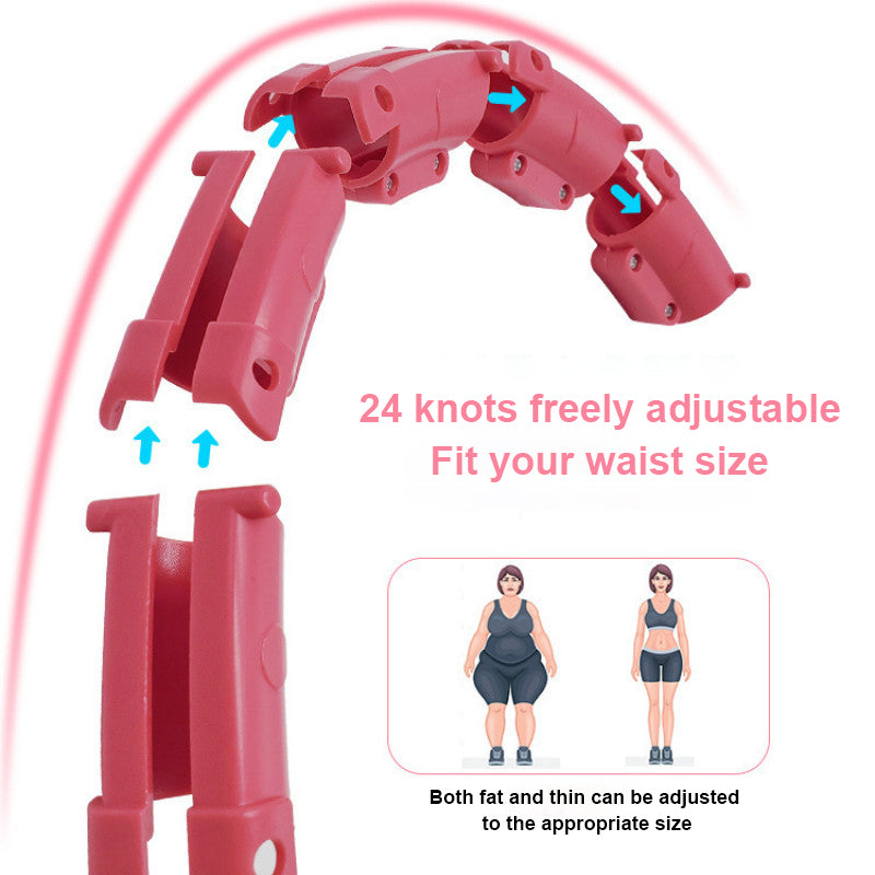 Fitlybuy red smart hula hoop with 24 adjustable knots, shown with body size examples for custom waist fitting.