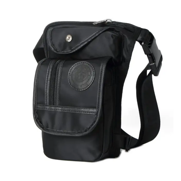 Black waterproof Fitlybuy outdoor leg bag with zippered pockets, snap closure, and adjustable buckle straps.