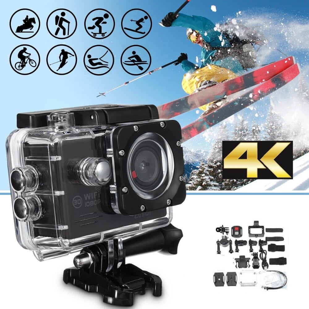Fitlybuy 4K action camera in waterproof housing with accessories, set against a background of a skier in snow.