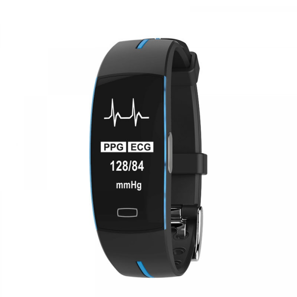 Fitlybuy SmartFit black smartwatch with blue accents, displaying ECG, PPG, and blood pressure readings on screen.