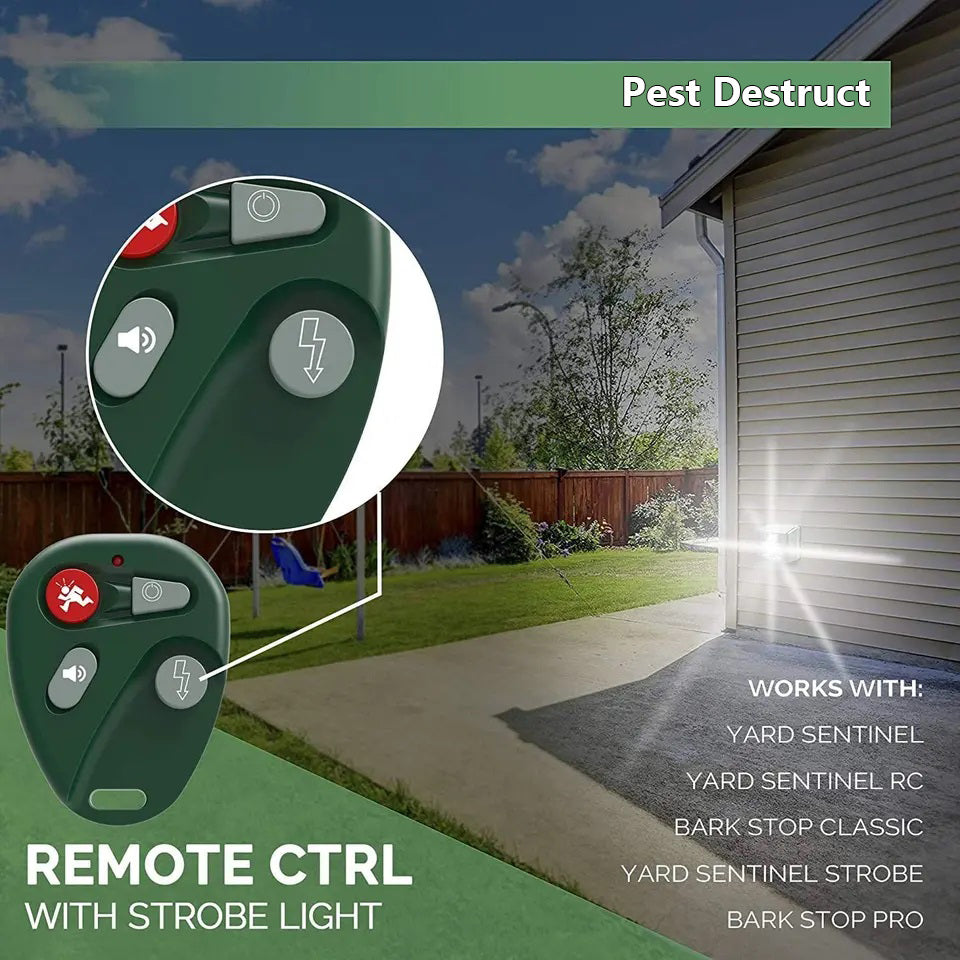 Green remote control for Fitlybuy ultrasonic pest repeller with strobe light button, shown in a backyard setting.