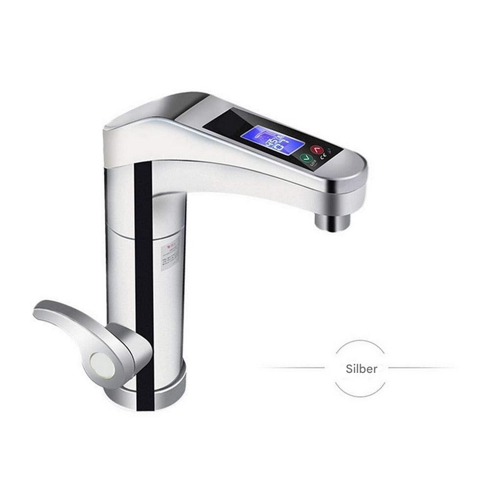 Silver Fitlybuy electric hot water tap with built-in heater, side lever, and digital LED temperature display.
