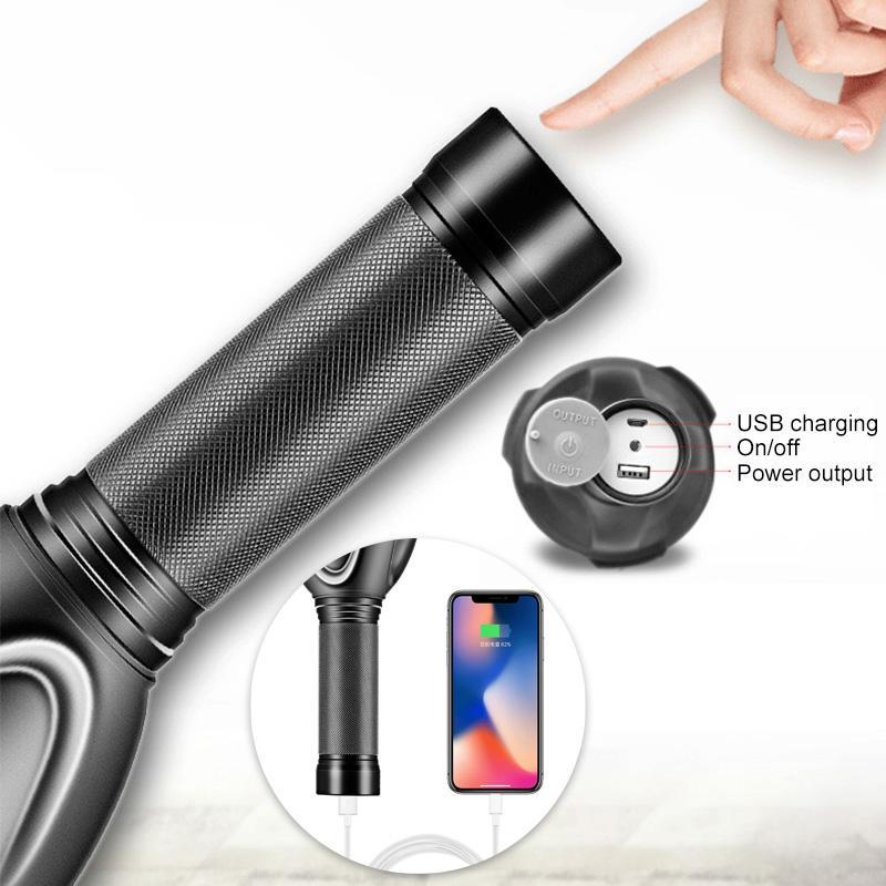 Fitlybuy rechargeable LED flashlight with textured black handle, USB charging port, and power bank feature for phones.