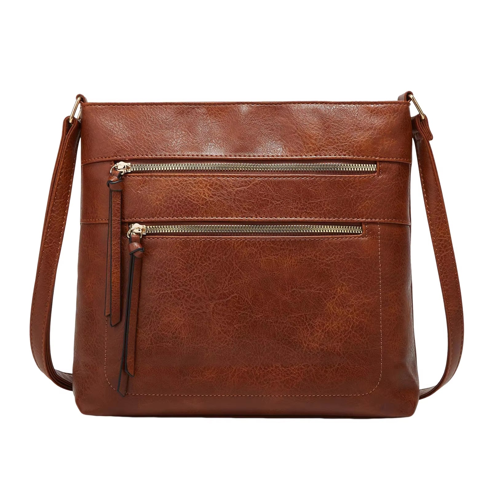 Fitlybuy Nina brown genuine leather crossbody bag featuring an elegant, compact design with two front zippered pockets.