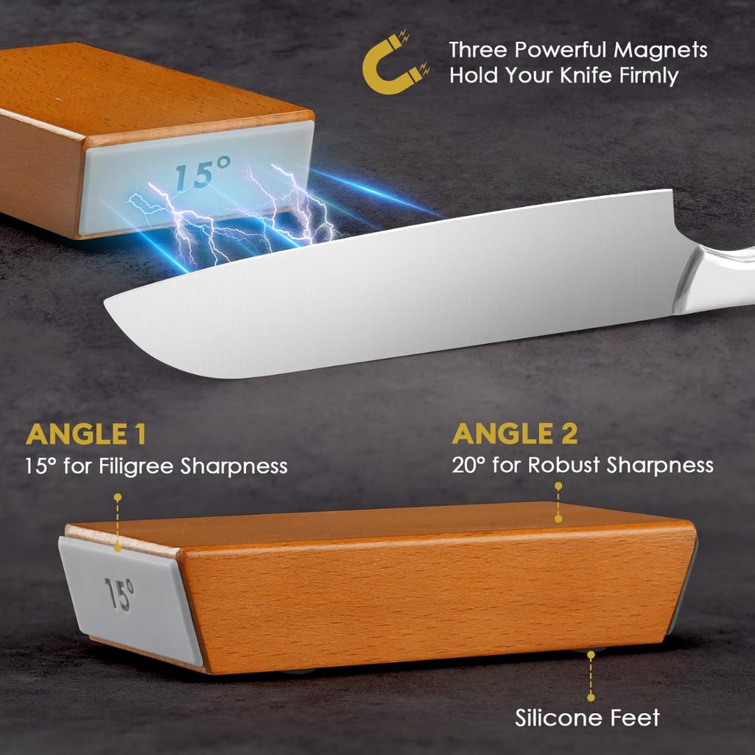 Fitlybuy rolling knife sharpener: a wooden magnetic block with 15° and 20° angles for precise, effortless sharpening.