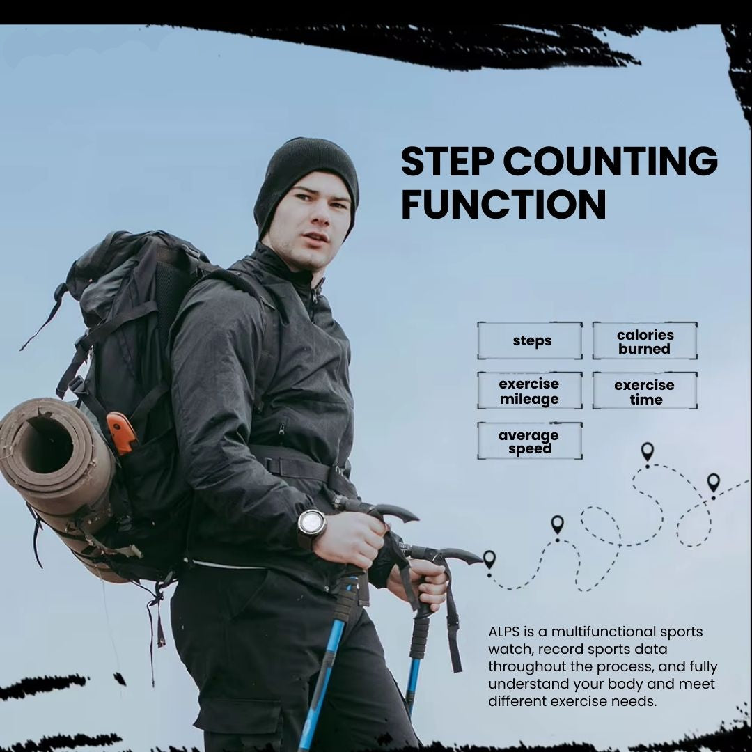 Fitlybuy carbon fiber outdoor watch on a hiker wearing a backpack and using trekking poles; tracks steps and calories.