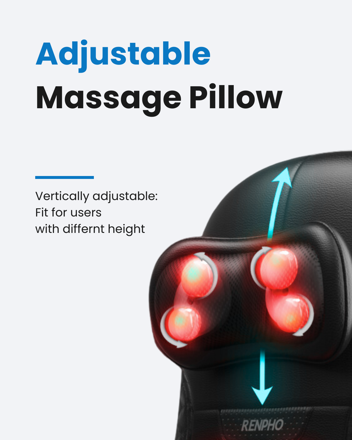 Adjustable black Shiatsu massage pillow with glowing red rotating nodes, illustrating vertical height adjustment.