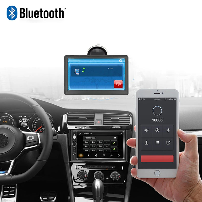 Fitlybuy 7-inch truck GPS mounted in a car, displaying Bluetooth phone connectivity synced with a handheld smartphone.