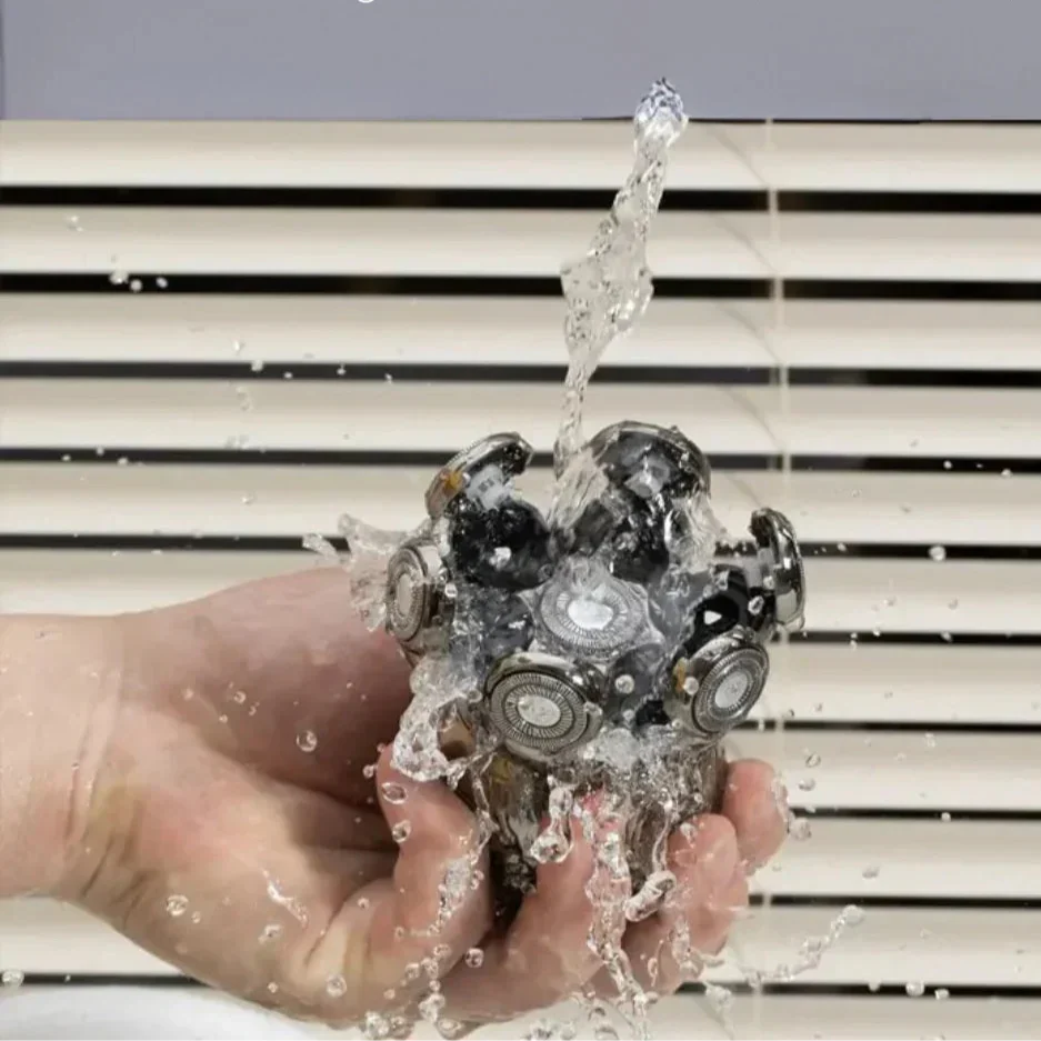 Fitlybuy FlexiShave Pro 7D electric razor head being rinsed under water in a hand; sleek black and silver design.