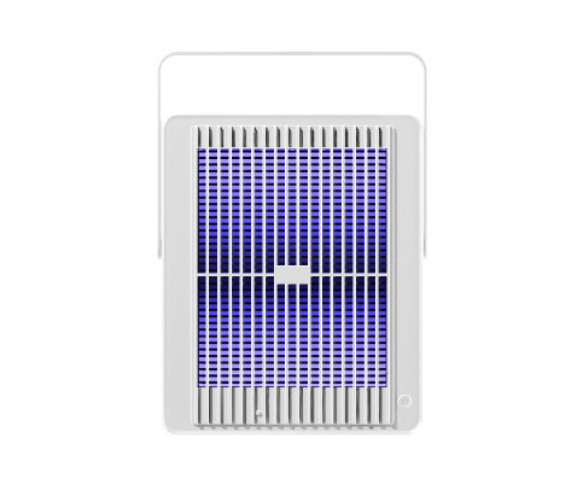 White Fitlybuy electric insect killer with a hanging handle and glowing purple UltraZap UV light grid on a white.