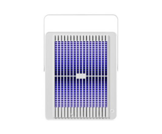 White Fitlybuy electric insect killer with a hanging handle and glowing purple UltraZap UV light grid on a white.