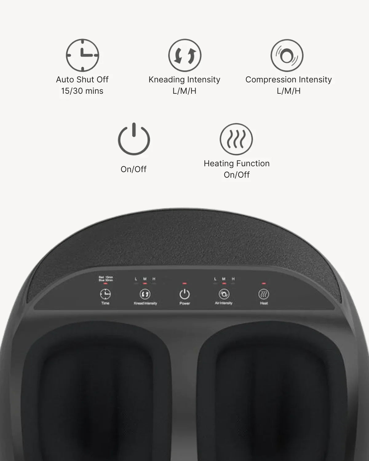 Fitlybuy Shiatsu foot massager featuring a black design with labeled touch-control buttons for heat and intensity.