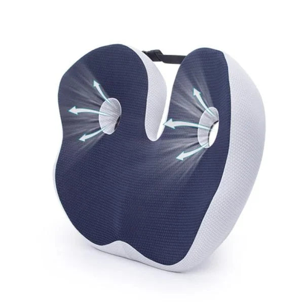 Fitlybuy navy and grey ergonomic sciatica relief cushion with dual ventilation cutouts for hip and tailbone support.