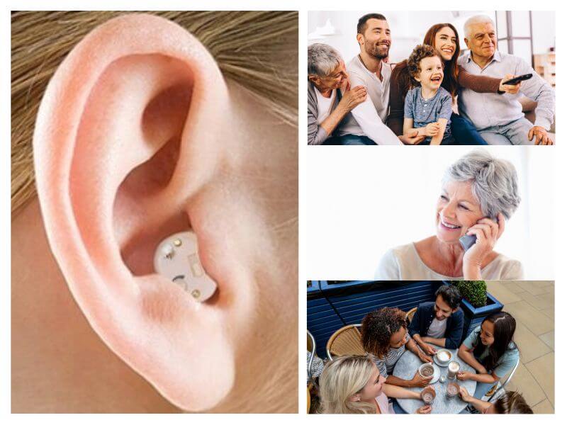 Fitlybuy beige rechargeable hearing aid in ear, with collage of people socializing, watching TV, and talking on phone.