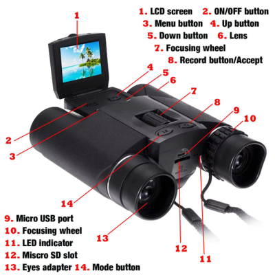 Fitlybuy 10x zoom digital camera binoculars in black with labeled buttons, LCD screen, USB port, and SD card slot.