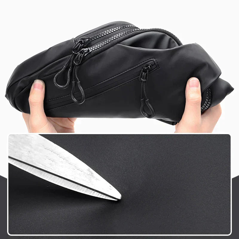 Black Fitlybuy waterproof anti-theft crossbody bag being held; inset shows blade testing durable, cut-resistant fabric.