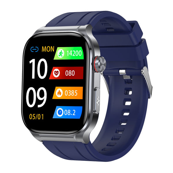 Fitlybuy Kexi-Life Pro 9 smartwatch with silver case, blue silicone band, and digital health monitoring display.