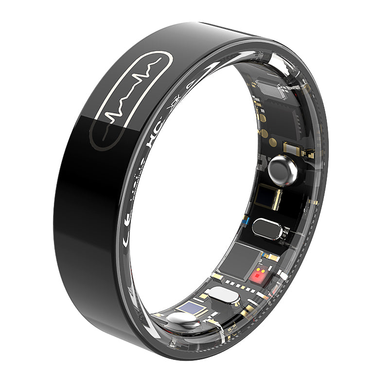 Black Kexi-Life R09 smart ring with an EKG pulse icon, showcasing interior health sensors on a transparent inner band.