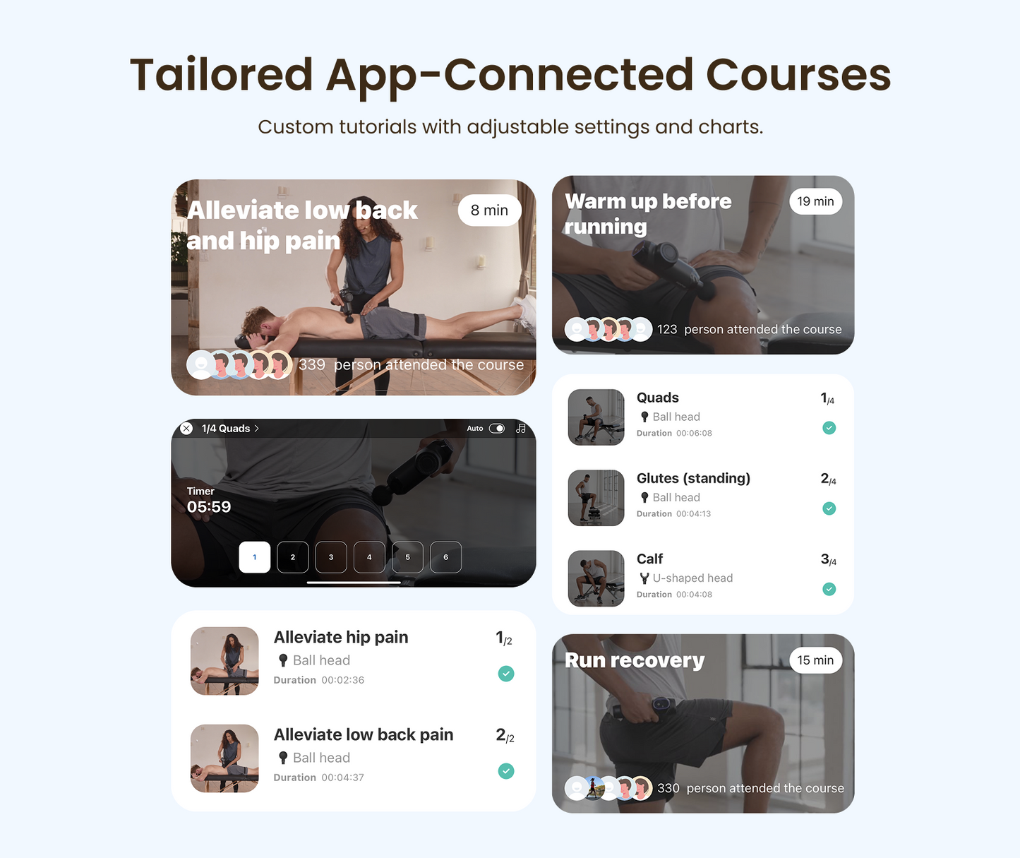 Fitlybuy Active Massage Gun app interface showing guided deep tissue percussion therapy courses for muscle recovery.