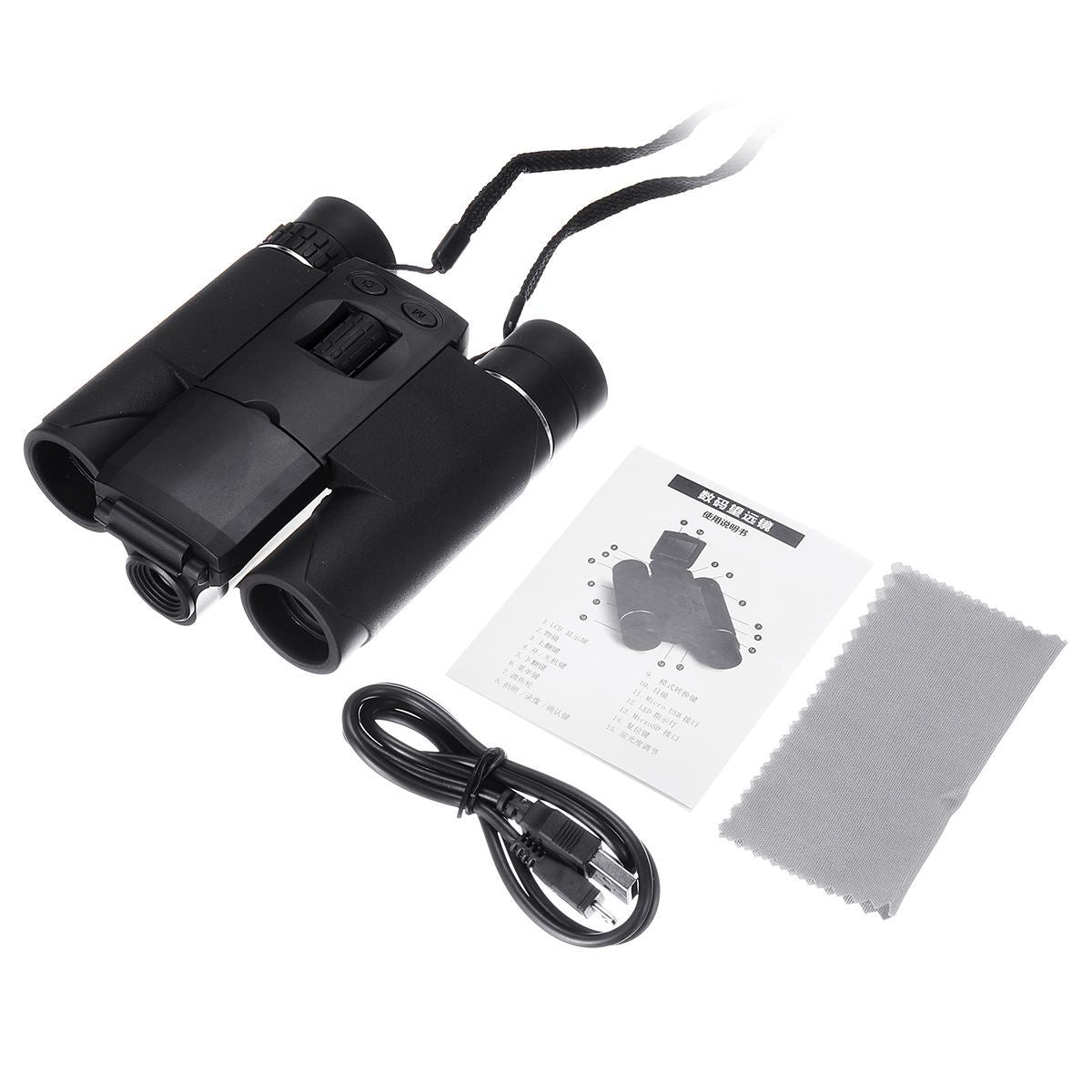 Fitlybuy black digital binoculars with 10x zoom, built-in camera, USB cable, user manual, and cleaning cloth.