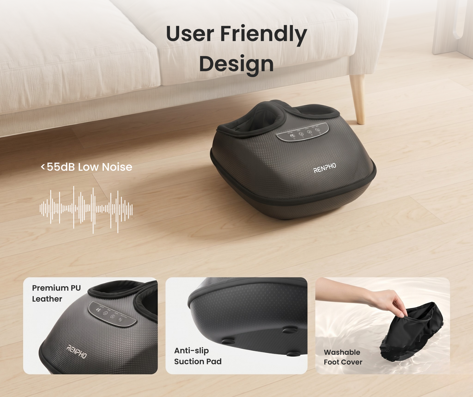 Black Renpho foot massager with ComfortWave tech, featuring premium PU leather, anti-slip pads, and washable covers.