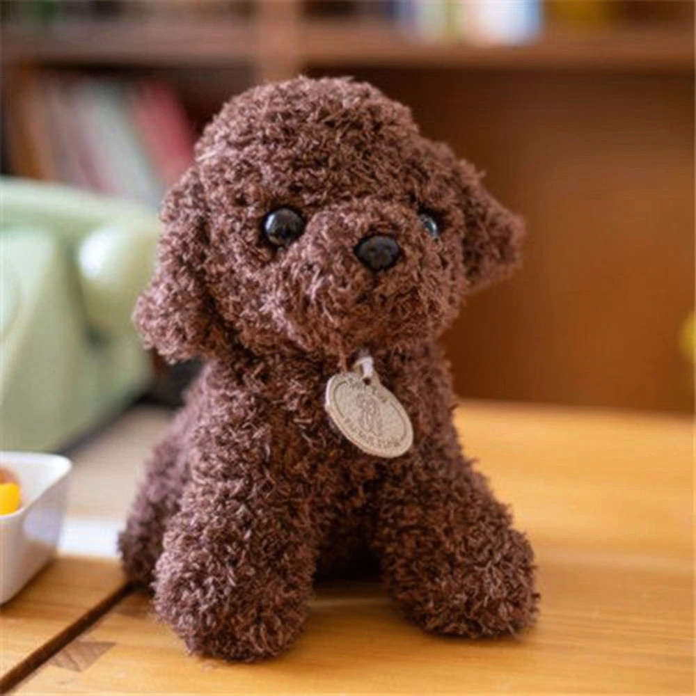 Fitlybuy brown plush teddy dog toy with ultra-soft fuzzy fabric, black eyes, and a small metal tag on a wooden table.