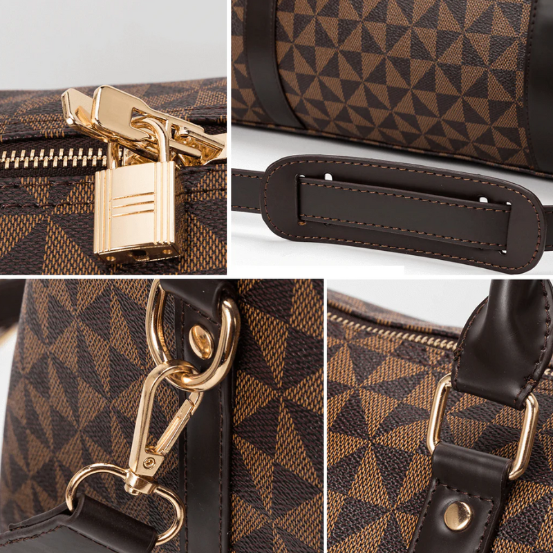Fitlybuy Westman brown geometric leather duffle bag with gold hardware, padlock, and padded shoulder strap details.