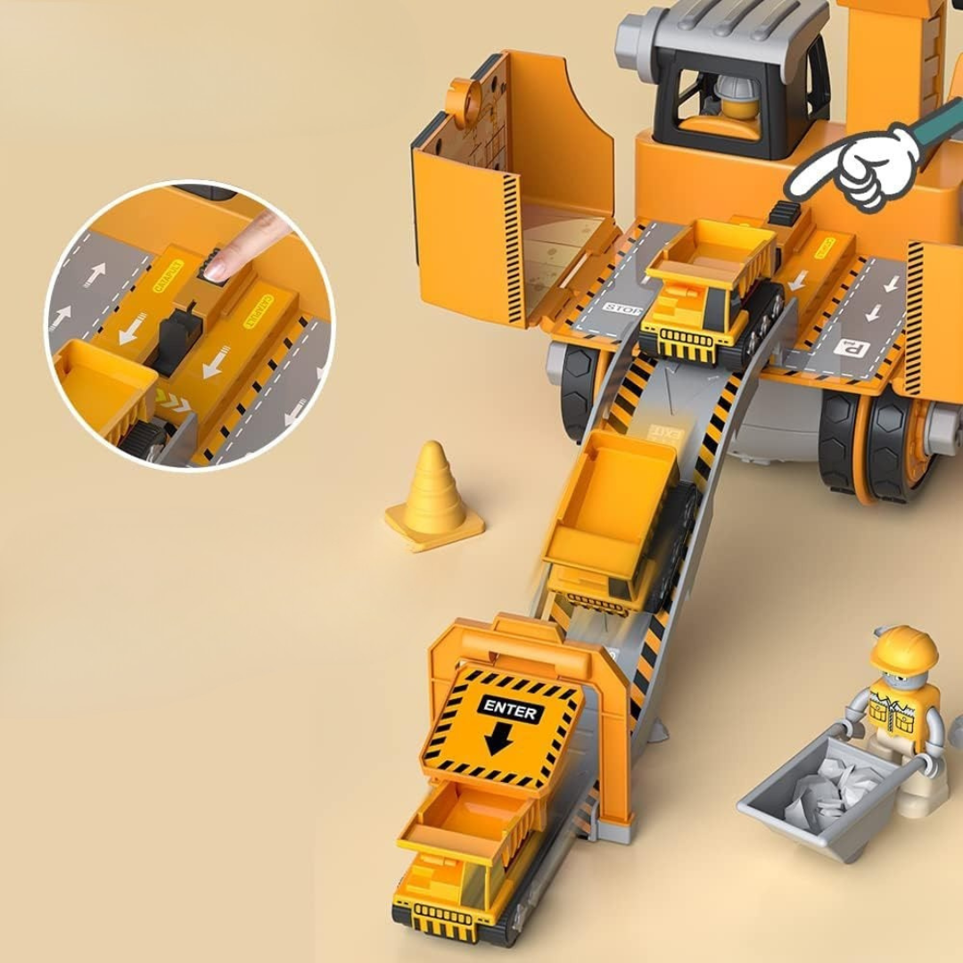 Fitlybuy yellow construction truck playset featuring a foldable ramp, catapult mechanism, small trucks, and worker figure.