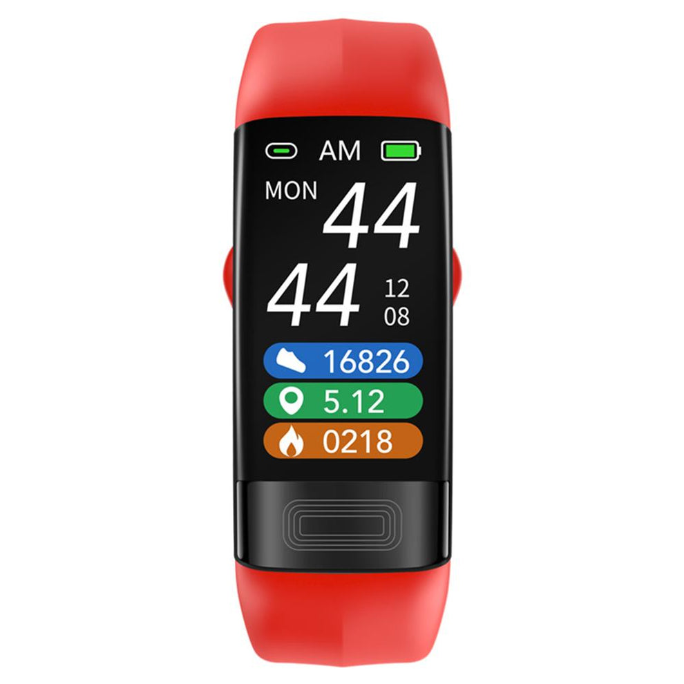 Red Kexi-Life P11 smart bracelet with a digital display showing fitness metrics like steps, distance, and calories.