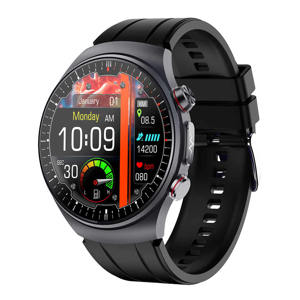 Fitlybuy Kexi-Life Pro 10 smartwatch: black round face, silicone strap, health tracking display on white background.
