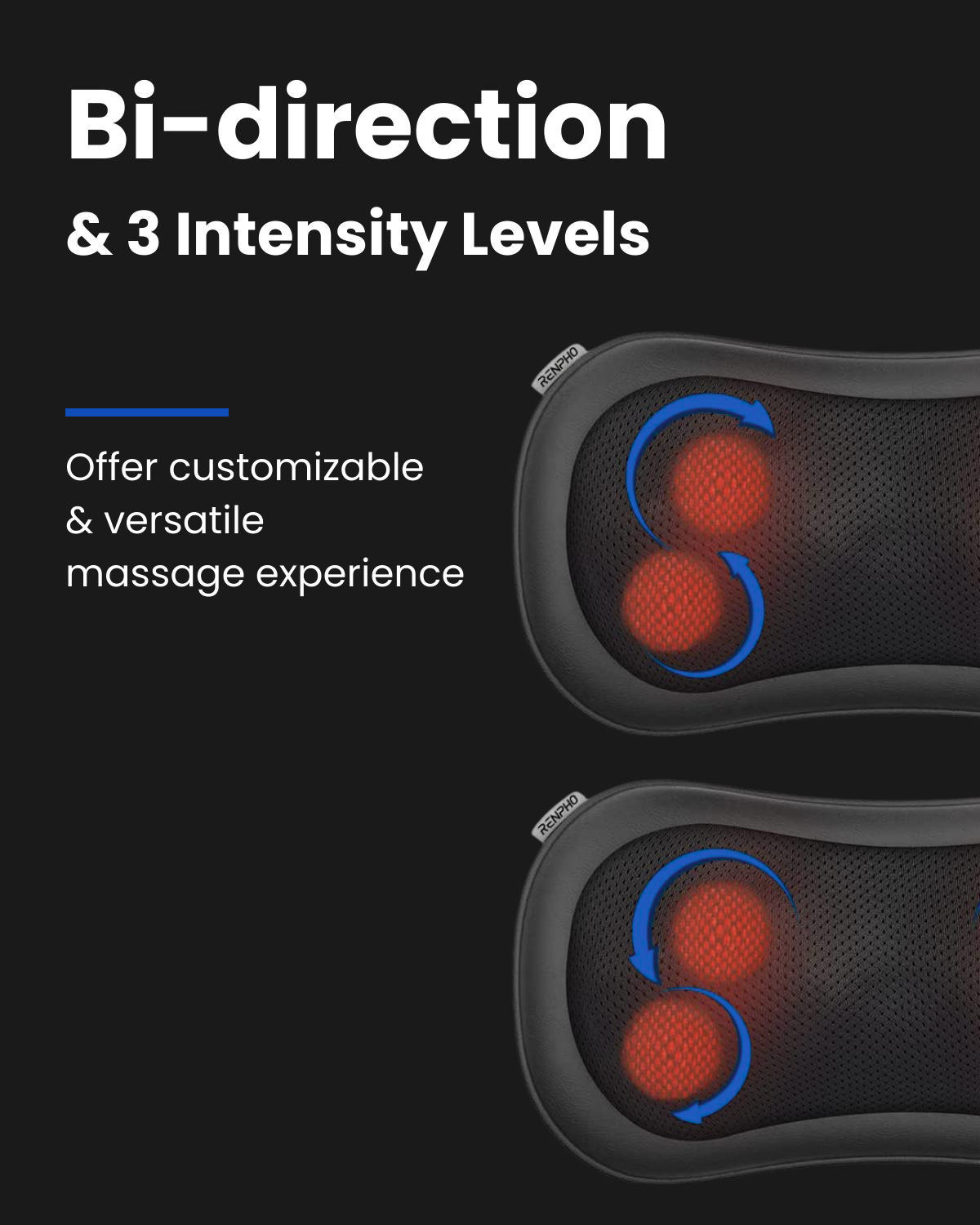 Fitlybuy RelaxMax massage pillow in black with red glowing heat nodes, bi-directional motion, and 3 intensity levels.