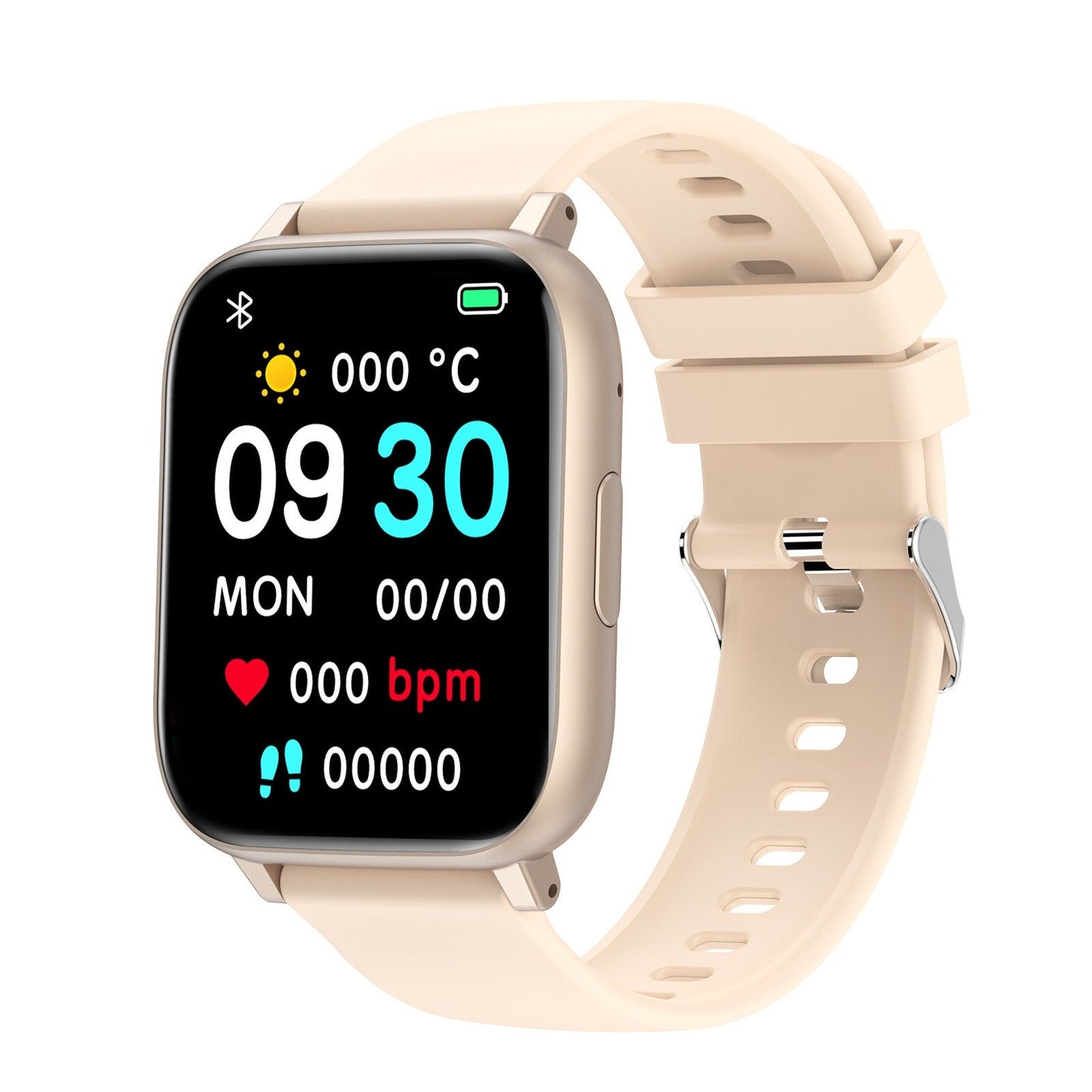 Fitlybuy Kexi-Life beige smartwatch with digital display showing time, heart rate, and step count on a white background.