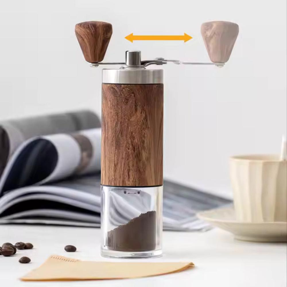 Fitlybuy Brewora wooden manual coffee grinder with clear glass base, steel accents, and adjustable crank handle.