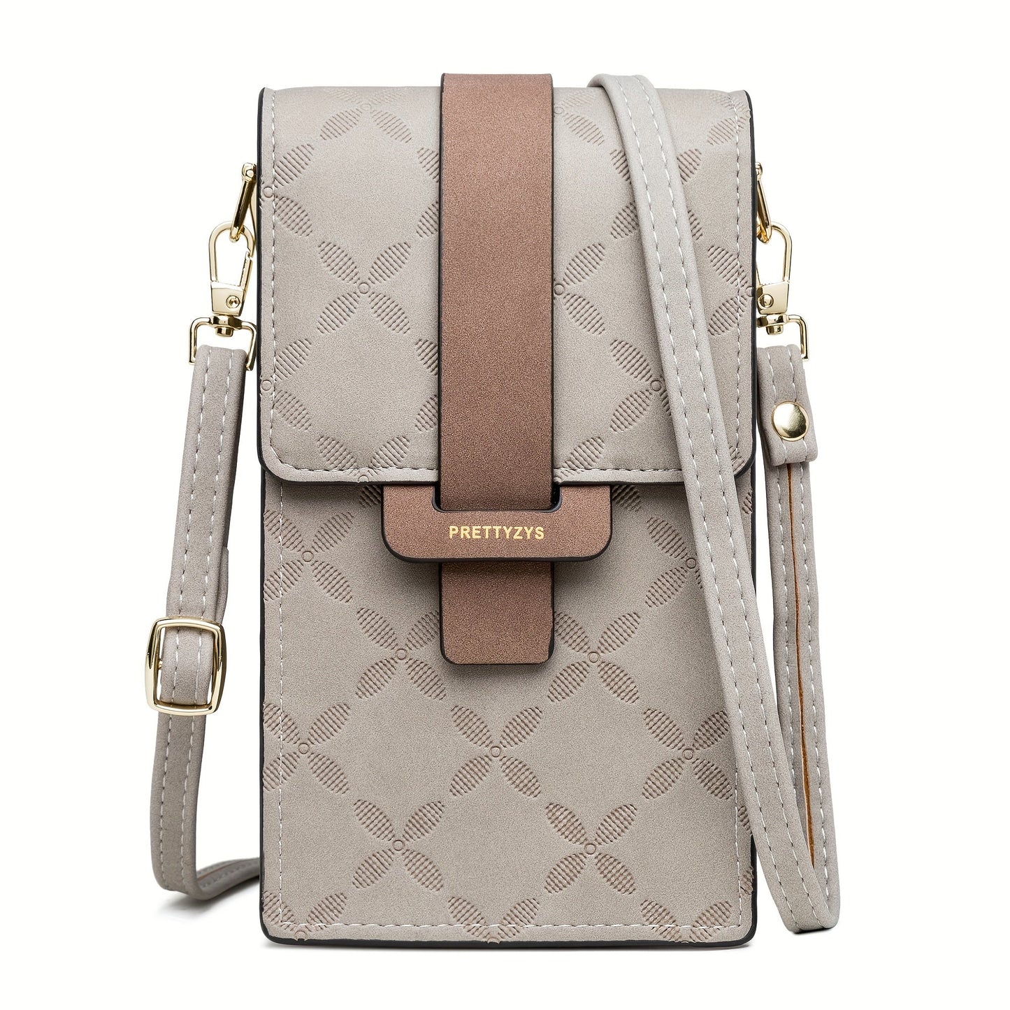 Gray Fitlybuy Lily anti-theft crossbody bag with floral pattern, brown tab, and adjustable strap on white background.