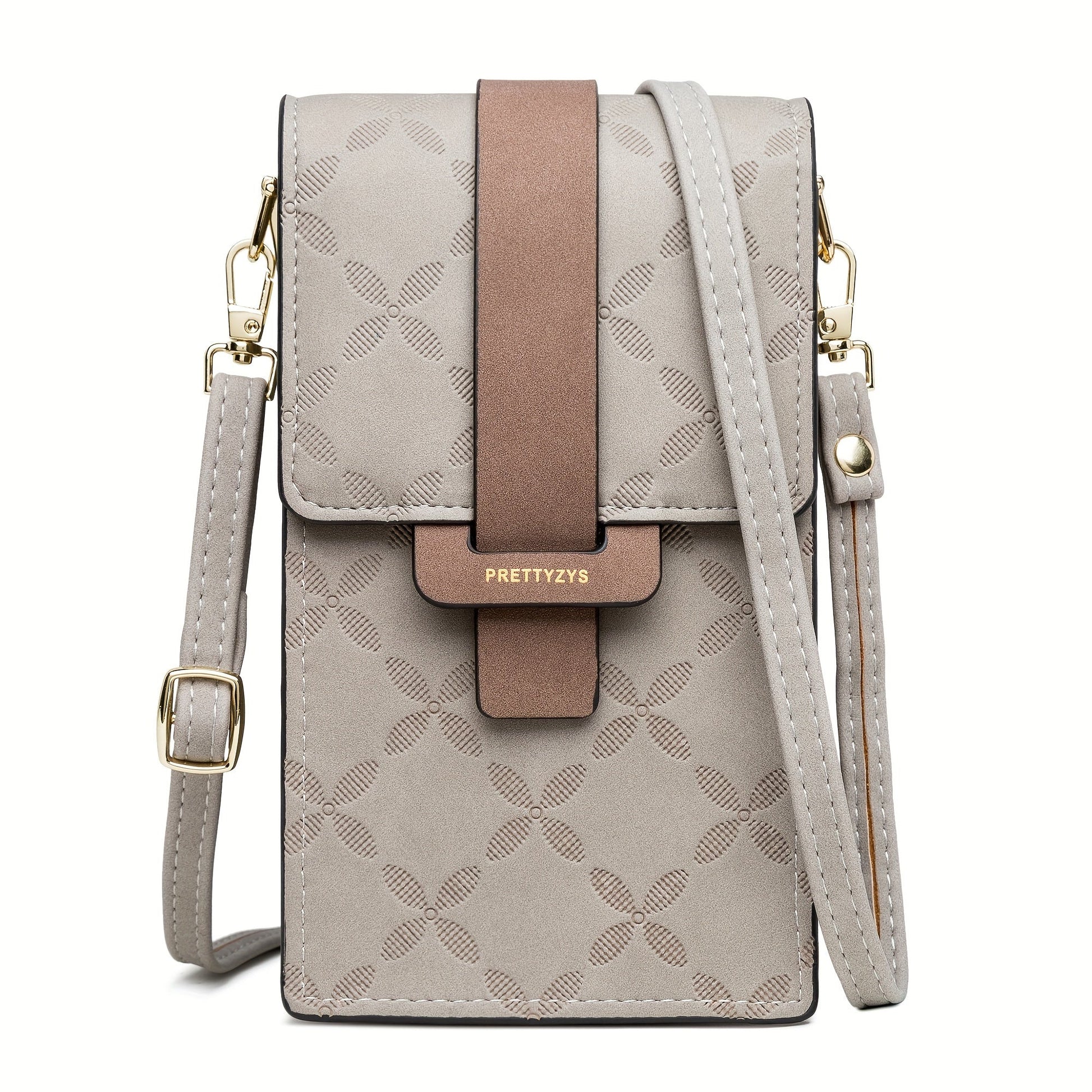 Gray Fitlybuy Lily anti-theft crossbody bag with floral pattern, brown tab, and adjustable strap on white background.