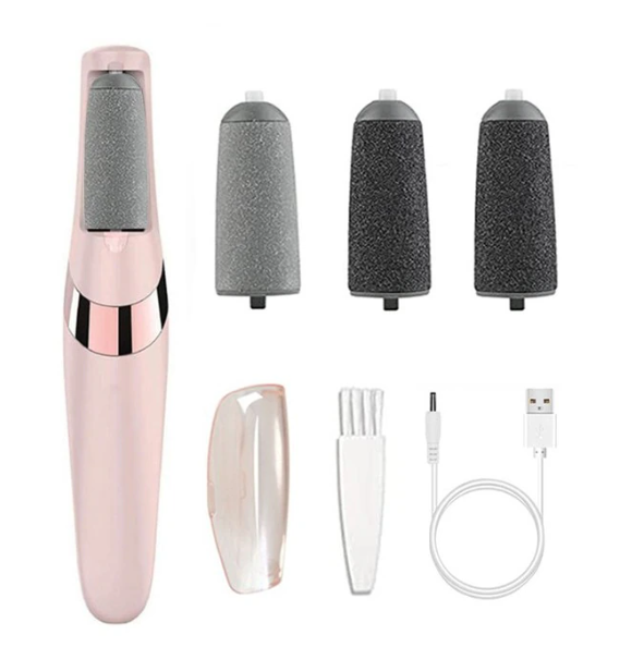 Fitlybuy electric foot grinder in pink with three grinding heads, cleaning brush, and USB charging cable.