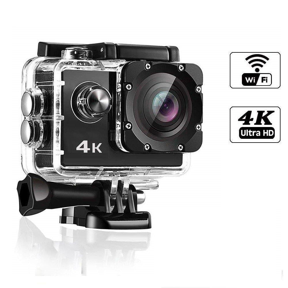 Fitlybuy 4K Ultra HD action camera in a clear waterproof housing with WiFi and 12MP resolution icons.