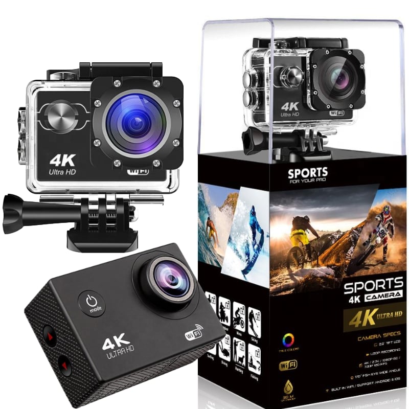 Fitlybuy 4K Ultra HD action camera in a waterproof case with packaging showing sports scenes and technical specs.
